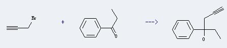 Propiophenone can react with 3-bromo-propene to produce 3-phenyl-hex-5-yn-3-ol